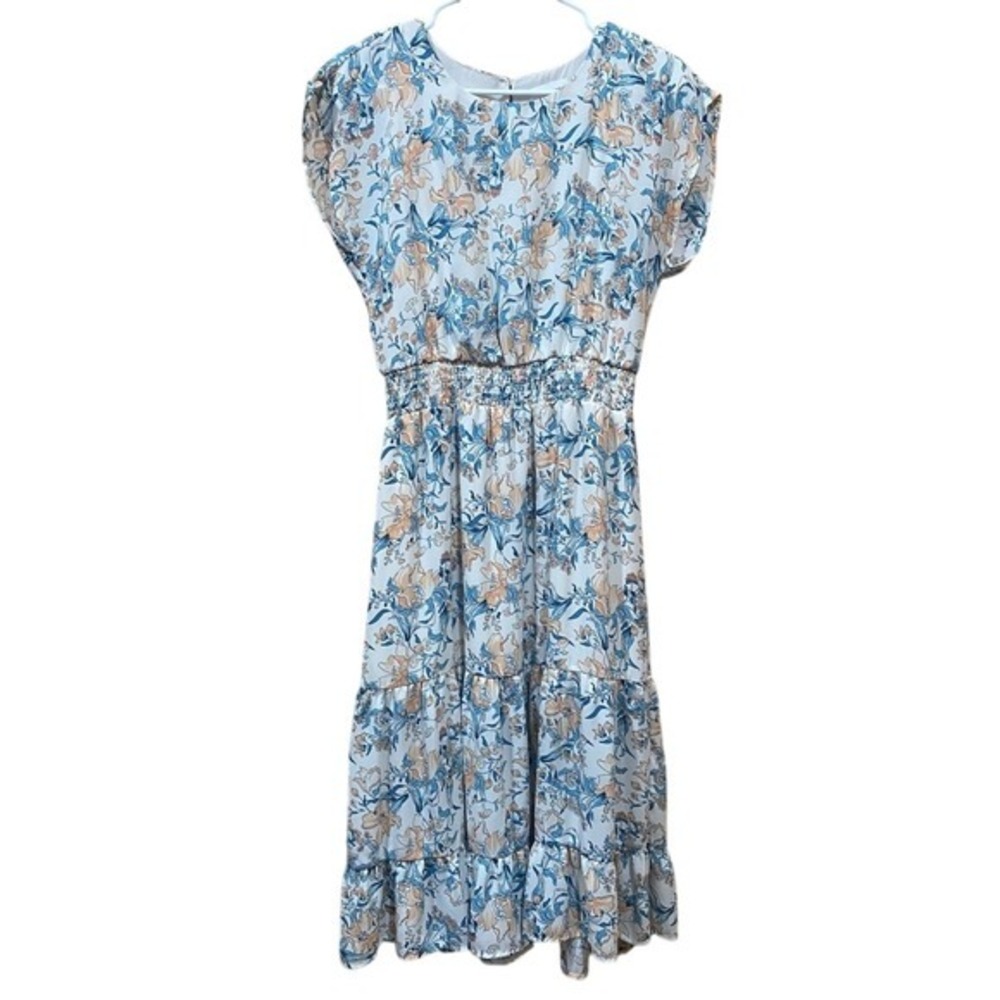 June & Hudson Blue Orange & Cream Cap Sleeve Midi Lined Floral Ruffled Dress M